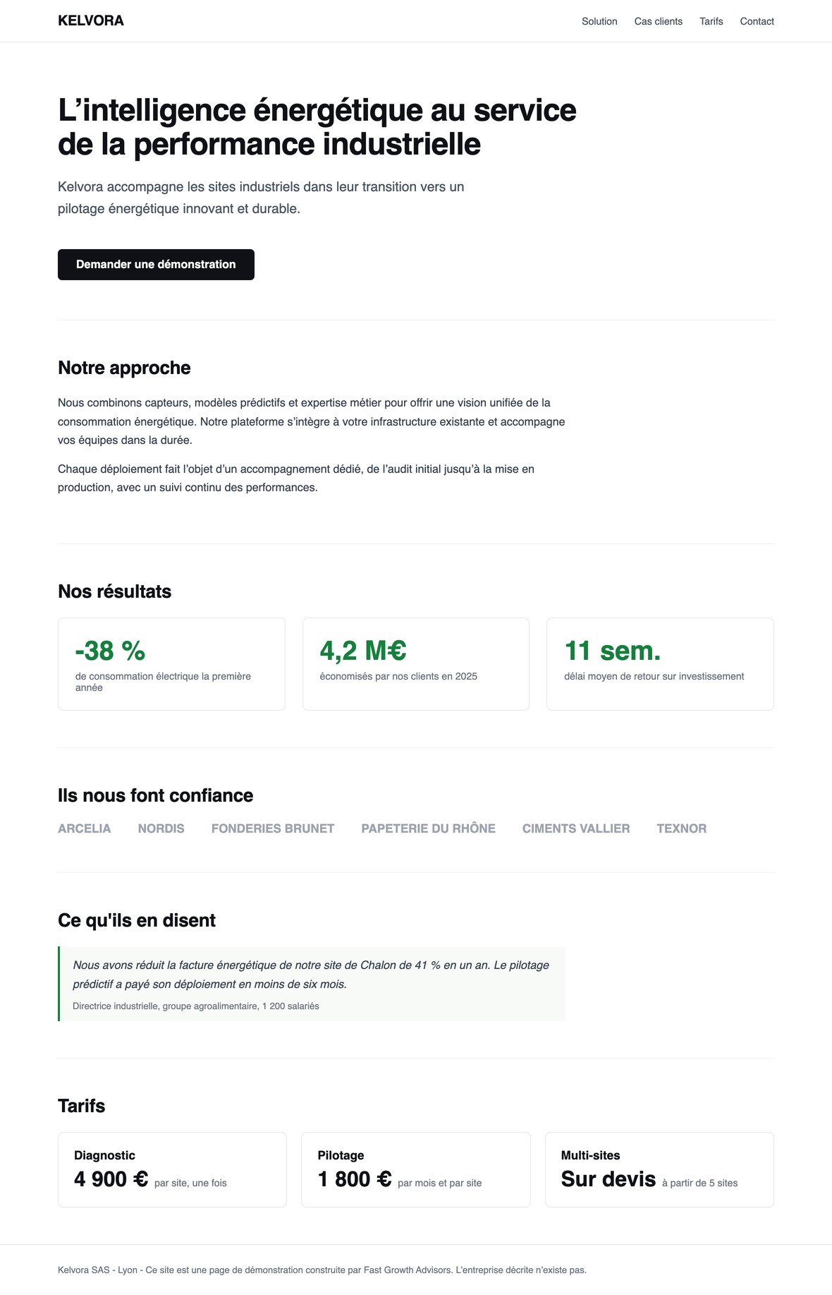 Page d'accueil fictive de la société Kelvora, telle qu'un visiteur la voit : promesse, trois chiffres de résultat, six logos clients, un témoignage chiffré et trois tarifs.