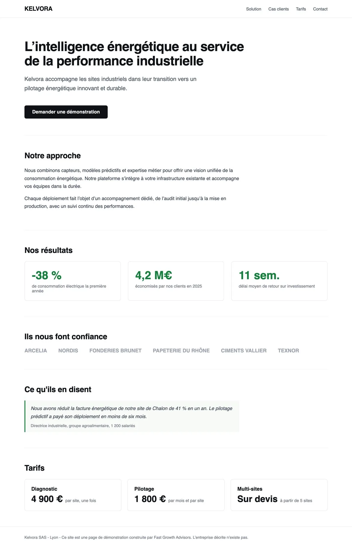 Page d'accueil fictive de Kelvora : promesse, trois chiffres, six logos clients, un témoignage chiffré, trois tarifs.